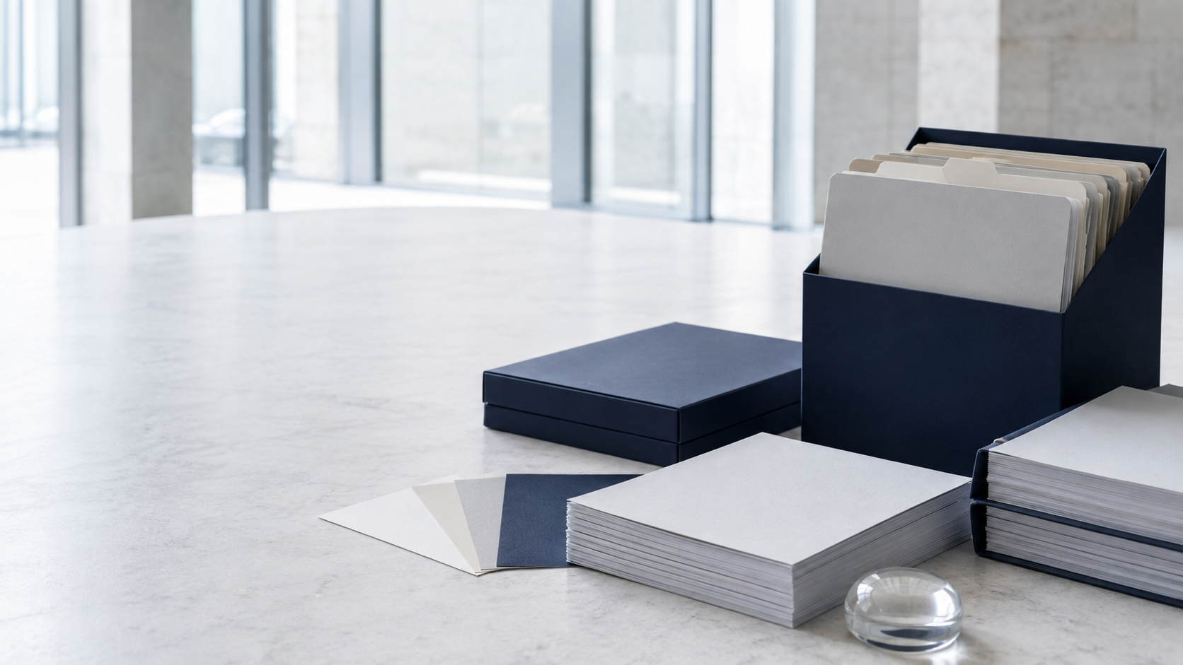 Blank institutional evidence records arranged in a controlled archive setting